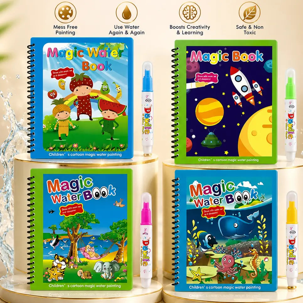 Magic Water Coloring Book Reusable Aqua Painting Books with Water Pen for Toddlers & Kids