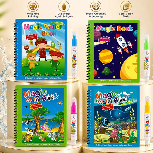Magic Water Coloring Book Reusable Aqua Painting Books with Water Pen for Toddlers & Kids