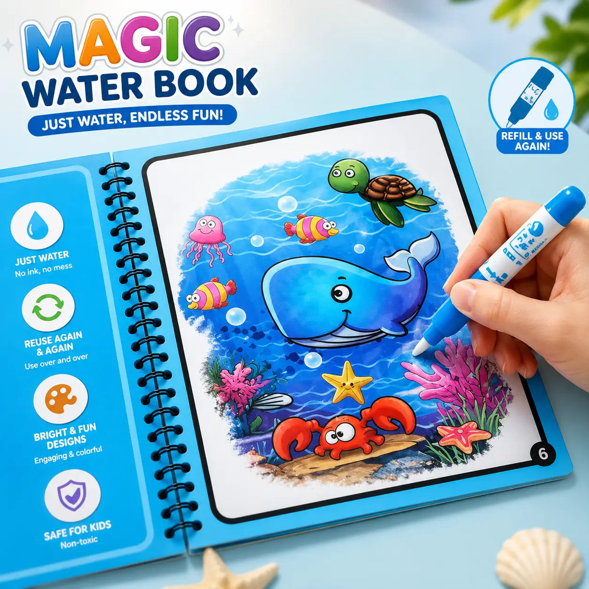 Magic Water Coloring Book Reusable Aqua Painting Books with Water Pen for Toddlers & Kids