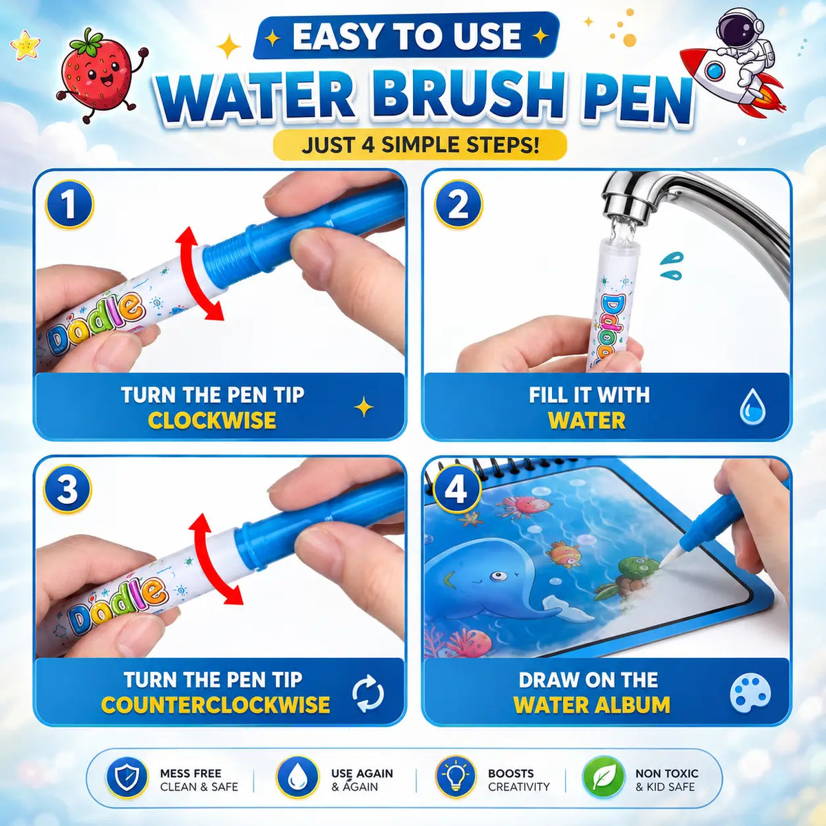 Magic Water Coloring Book Reusable Aqua Painting Books with Water Pen for Toddlers & Kids